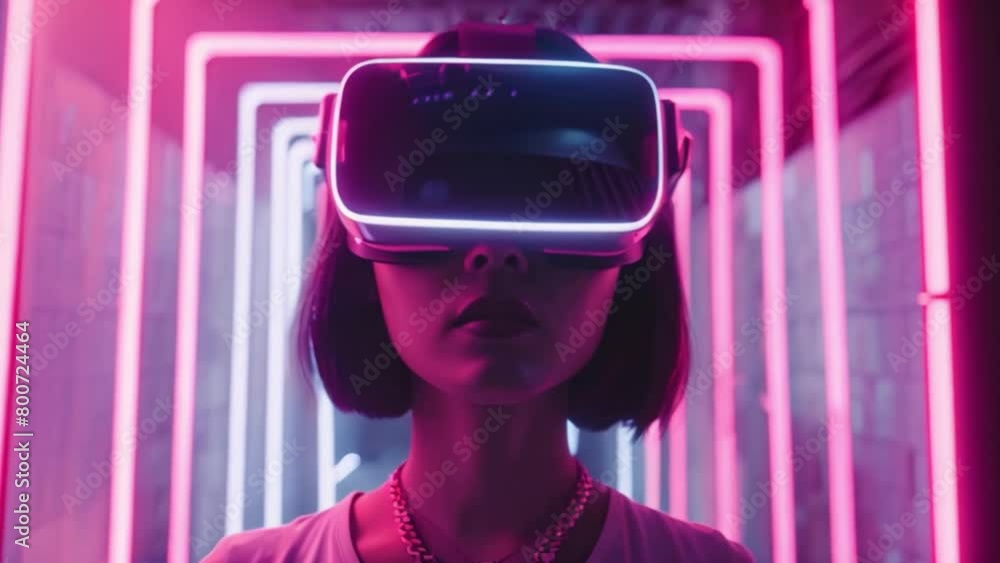Poster woman exploring virtual reality in neon-lit setting