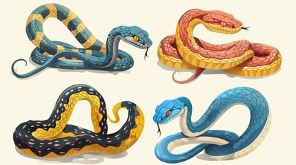 Snake character wildlife nature viper vector illustration. Reptiles crawl poisonous snakes animals wild nature. Danger animals different colors.