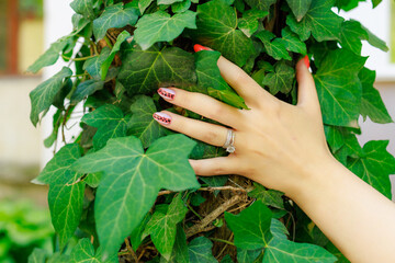 A woman's hand is wrapped around a green ivy plant