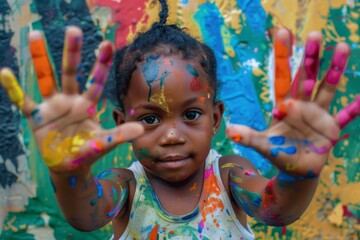 Girl with multicolored paint on face and hands