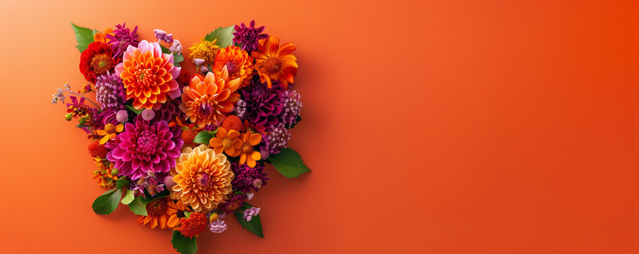 heart shaped floral wreath against an orange background with copyspace