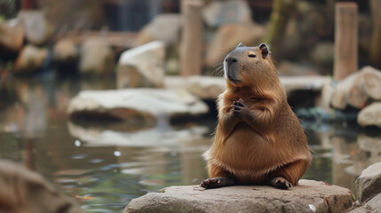 Capibara meditando a la orilla del rio. Carpincho rezando. Render fotorealista generado con tecnología IA