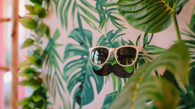 A photo booth area with a backdrop of botanical prints and props such as fake mustaches and oversized sunglasses for guests to take fun pictures.