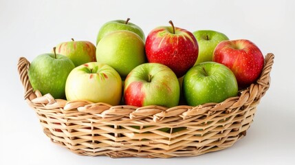 Green and red apples in a wicker basket on a white background. generative ai