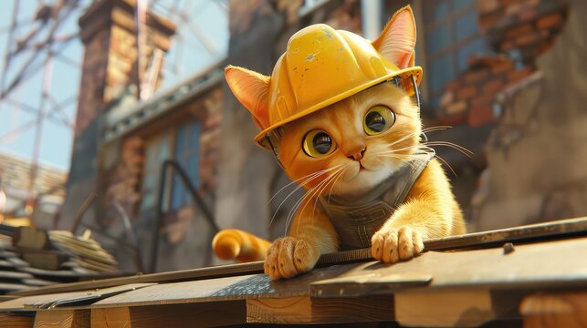The cat builder in a construction helmet is fixing a roof.