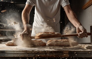 A man is making bread in a bakery. The dough is being shaped and the flour is flying everywhere - Powered by Adobe