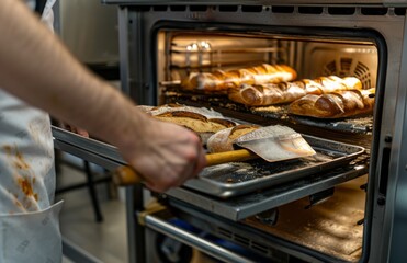 A person is taking out bread from an oven. The bread is in different stages of baking, with some still in the oven and others already out
