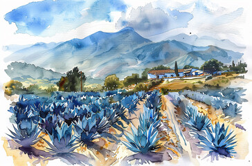 Watercolor illustration of blue agave farm