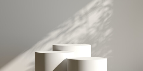3D minimal cosmetic background. 3D podium and Sunlight, shadows of leaves on the wall for product presentation. 3D rendering, illustration.