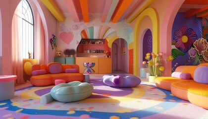 Fantasy VR Interior Design 3D Concept with Exaggerated Shapes and Imaginative Lighting