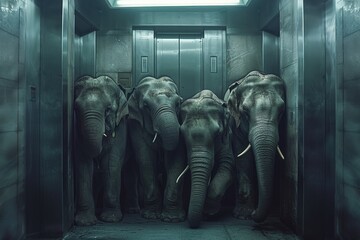Elephants navigating an elevator, creating a humorous and unexpected scene in a human-like scenario