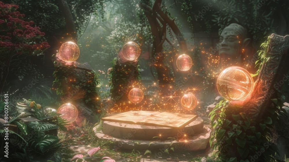 Poster in a peaceful garden glowing orbs of light float around a pile of ancient scrolls each one holding a