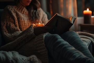 Cozy evening setting with a woman engrossed in reading a book by candlelight, depicting relaxation and the joy of literature.

