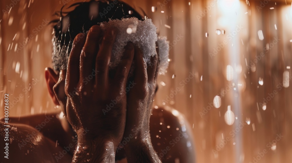 Poster closeup of a person holding a cold compress to their forehead as they sit in the sauna using the com