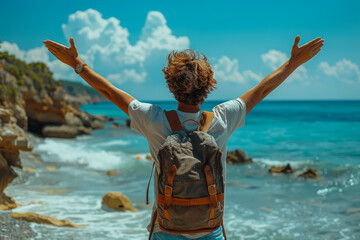 Rear view of a Caucasian male traveler with a backpack on his back with arms raised in front of the sea