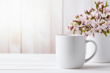 Spring coffee mug mockup template with white ceramic cup and pink cherry blossom branch on light wooden table