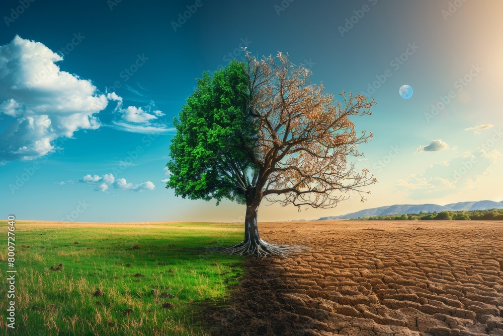 Poster tree in ecology and drought concept. climate change and record heat. background with selective focus