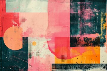 A colorful abstract painting with a pink circle in the middle. Risograph effect, trendy riso style