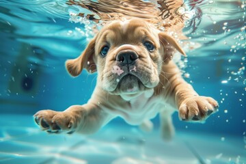 A small dog is swimming in a pool. Summer heat concept, background