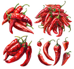 A set of watercolor illustrations of red chili peppers. Groups of chili peppers in various shades, realistic watercolor style isolated on a transparent background. PNG cut onto transparent back.