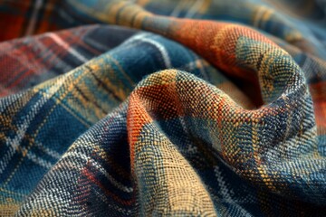 A plaid fabric with a blue and orange pattern