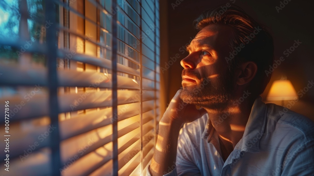 Poster a man waking up and using his thoughts to turn on the coffee machine and open the blinds in his bedr