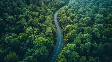 The road is surrounded by green trees. The road is narrow and winding. The trees are tall and lush.