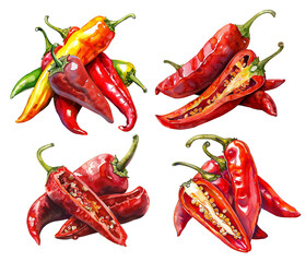 A set of watercolor illustrations of red chili peppers. Groups of chili peppers in various shades, realistic watercolor style isolated on a transparent background. PNG cut onto transparent back.