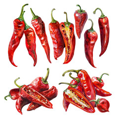 A set of watercolor illustrations of red chili peppers. Groups of chili peppers in various shades, realistic watercolor style isolated on a transparent background. PNG cut onto transparent back.