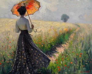 Abstract Oil painting features a woman in the  flower field wall art, moody vintage farmhouse style digital art print, wallpaper, backgrouned