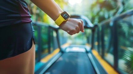 A person wearing a fitness tracker on their wrist while exercising on a treadmill..