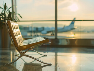 waiting chair at airport with blur background, aeroplane in background, cinematic, wide shot,...