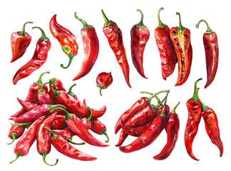 A set of watercolor illustrations of red chili peppers. Groups of chili peppers in various shades, realistic watercolor style isolated on a transparent background. PNG cut onto transparent back.