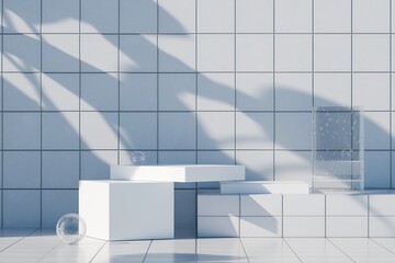 3d Abstract background for product branding and presentation. Minimal Product Podium Mock up scene with empty space with bathroom tile wall and nature sunshade, sunlight for advertising. 3d render.