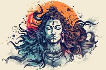A painting of a man with long hair and a blue and orange background