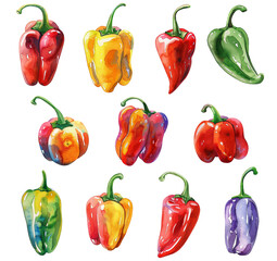 A set of watercolor illustrations of colored chili peppers. Groups of chili peppers in various shades, realistic watercolor style isolated on a transparent background. PNG cut onto transparent back.