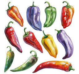 A set of watercolor illustrations of colored chili peppers. Groups of chili peppers in various shades, realistic watercolor style isolated on a transparent background. PNG cut onto transparent back.