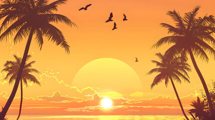 Fototapeta na wymiar Towering palm trees swaying in warm breeze. Sunset summer vibes