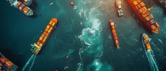 The photo shows a group of container ships in the ocean from a bird's eye view.