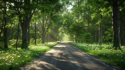 Obraz premium The photo shows a beautiful park. The trees are tall and green, and the sun is shining through the leaves. There are some flowers on the ground, and the grass is green.