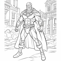 coloring page for kids, fully masked male superhero , no shadow, low detail, thick lines
