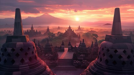 Borobudur temple with a background of Mountain at sunrise Ai generated - obrazy, fototapety, plakaty