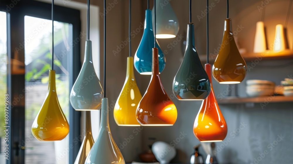 Poster a large ceramic pendant lamp in the shape of a teardrop showcasing a glossy finish and adding a touc