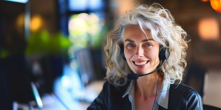 Call center, mature woman and smile in contact us with CRM, headset with mic and mockup space. Customer service consultant, happy female and telemarketing with sales and help desk.