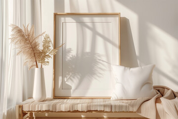 Mockup frame in interior background, room in light pastel colors, Scandi-Boho style. copy space