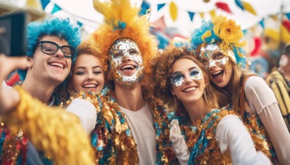 'carnival selfie people Model costumes wearing Group taking AI funny confetti young multiracial party city festival costume fun goggles woman culture brazilian tradition brazil s' - Powered by Adobe