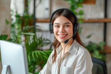 Call center, young woman and smile in contact us with CRM, headset with mic and mockup space. Customer service consultant, happy female and telemarketing with sales and help desk.