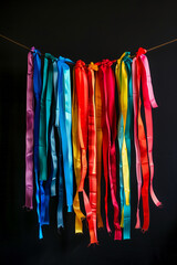 A colorful string of ribbons hangs from a string