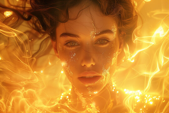 Greek Mythology concept. Portrait of a young brunette woman as goddess Hestia over flaming golden background. Retrofuturism, vintage style. Close up. Outdoor shot