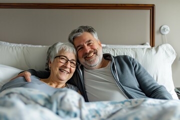 Happy mature senior couple sitting in bed looking at the camera
